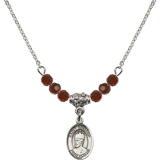 Sterling Silver Saint Edward the Confessor Birthstone Necklace with Garnet Beads - 9026