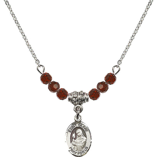 Sterling Silver Saint Clare of Assisi Birthstone Necklace with Garnet Beads - 9028