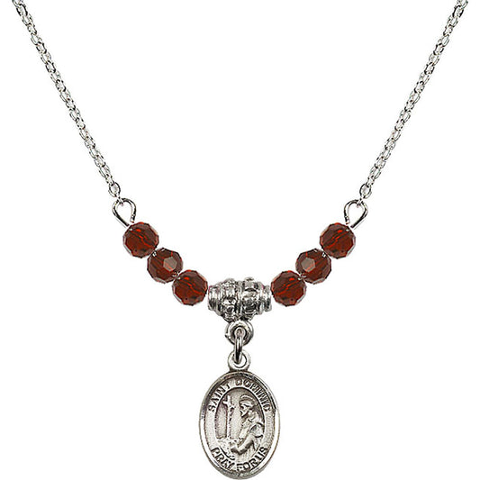 Sterling Silver Saint Dominic de Guzman Birthstone Necklace with Garnet Beads - 9030