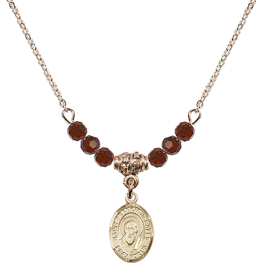 14kt Gold Filled Saint Francis de Sales Birthstone Necklace with Garnet Beads - 9035