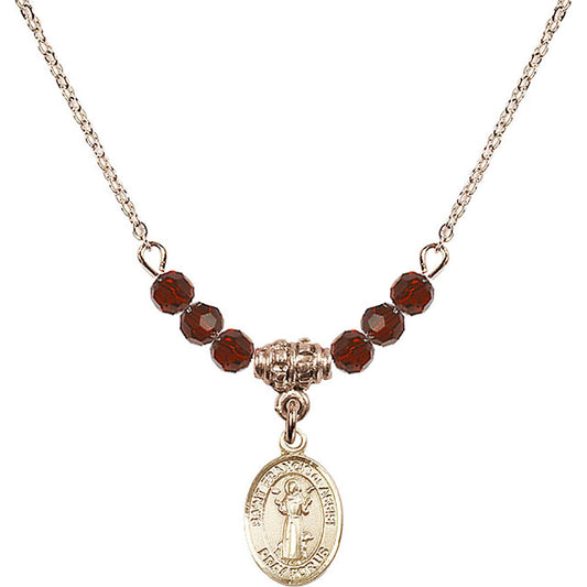 14kt Gold Filled Saint Francis of Assisi Birthstone Necklace with Garnet Beads - 9036