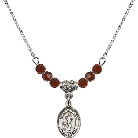 Sterling Silver Saint Genesius of Rome Birthstone Necklace with Garnet Beads - 9038