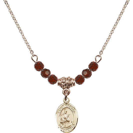 14kt Gold Filled Saint Gerard Majella Birthstone Necklace with Garnet Beads - 9042