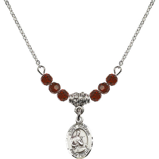 Sterling Silver Saint Gerard Majella Birthstone Necklace with Garnet Beads - 9042