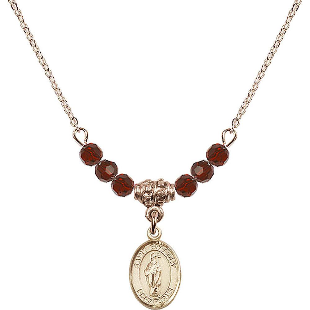 14kt Gold Filled Saint Gregory the Great Birthstone Necklace with Garnet Beads - 9048