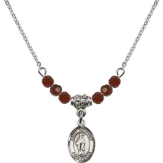 Sterling Silver Saint Gregory the Great Birthstone Necklace with Garnet Beads - 9048
