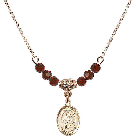 14kt Gold Filled Saint Isidore of Seville Birthstone Necklace with Garnet Beads - 9049