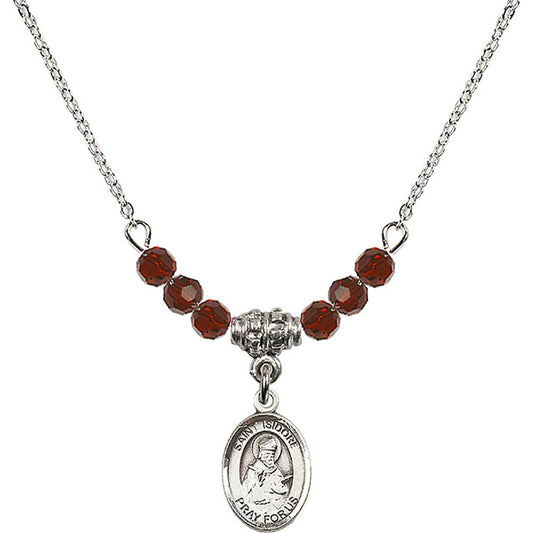 Sterling Silver Saint Isidore of Seville Birthstone Necklace with Garnet Beads - 9049
