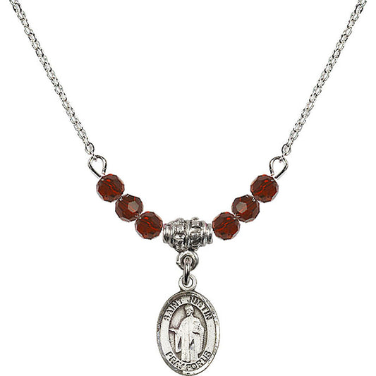 Sterling Silver Saint Justin Birthstone Necklace with Garnet Beads - 9052