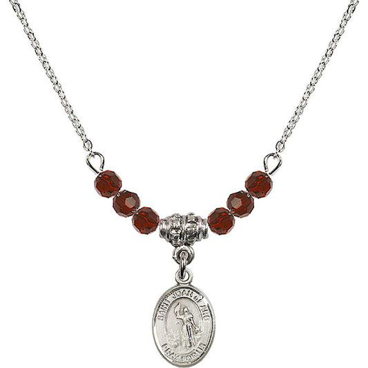 Sterling Silver Saint Joan of Arc Birthstone Necklace with Garnet Beads - 9053