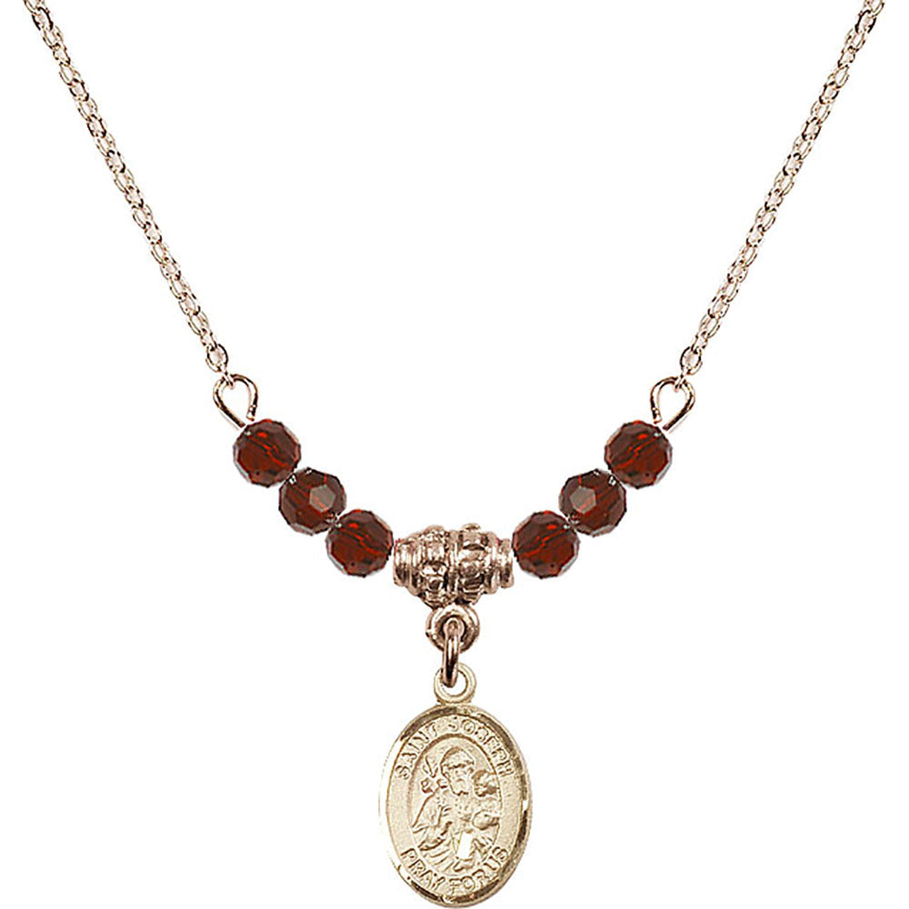 14kt Gold Filled Saint Joseph Birthstone Necklace with Garnet Beads - 9058