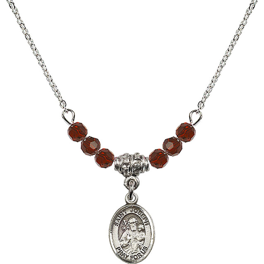 Sterling Silver Saint Joseph Birthstone Necklace with Garnet Beads - 9058