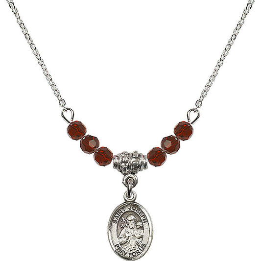 Sterling Silver Saint Joseph Birthstone Necklace with Garnet Beads - 9058