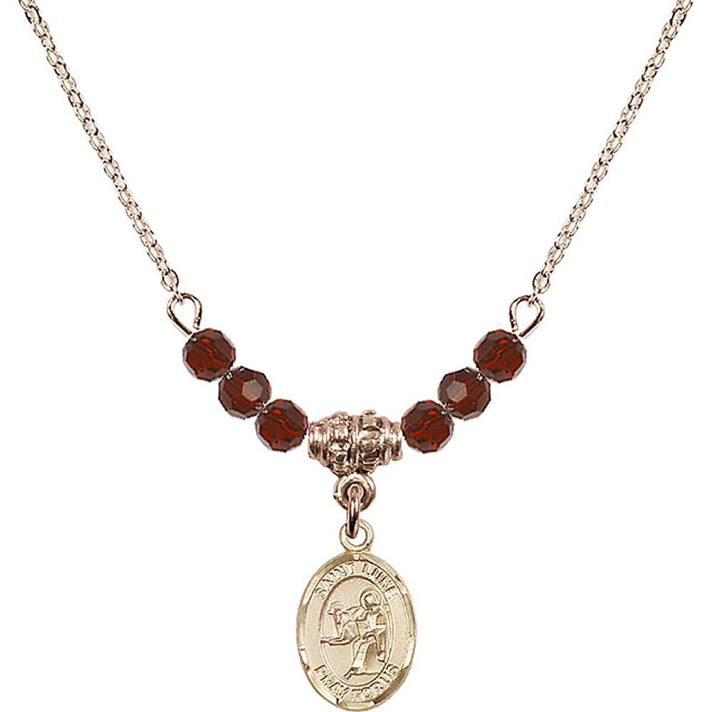 14kt Gold Filled Saint Luke the Apostle Birthstone Necklace with Garnet Beads - 9068