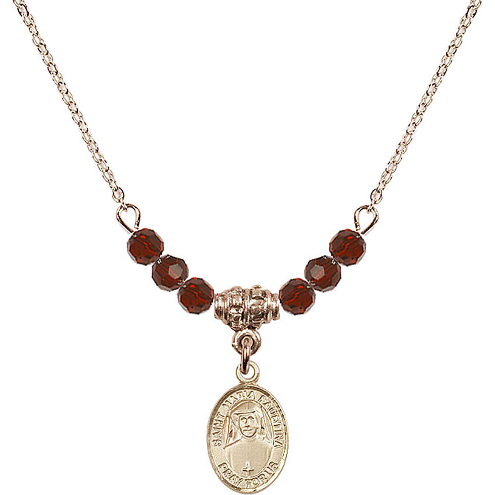 14kt Gold Filled Saint Maria Faustina Birthstone Necklace with Garnet Beads - 9069