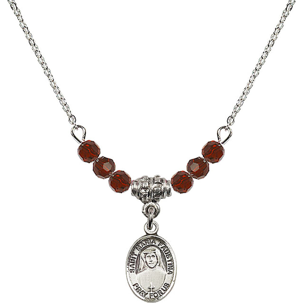 Sterling Silver Saint Maria Faustina Birthstone Necklace with Garnet Beads - 9069