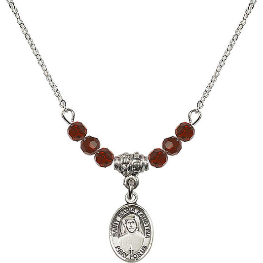 Sterling Silver Saint Maria Faustina Birthstone Necklace with Garnet Beads - 9069