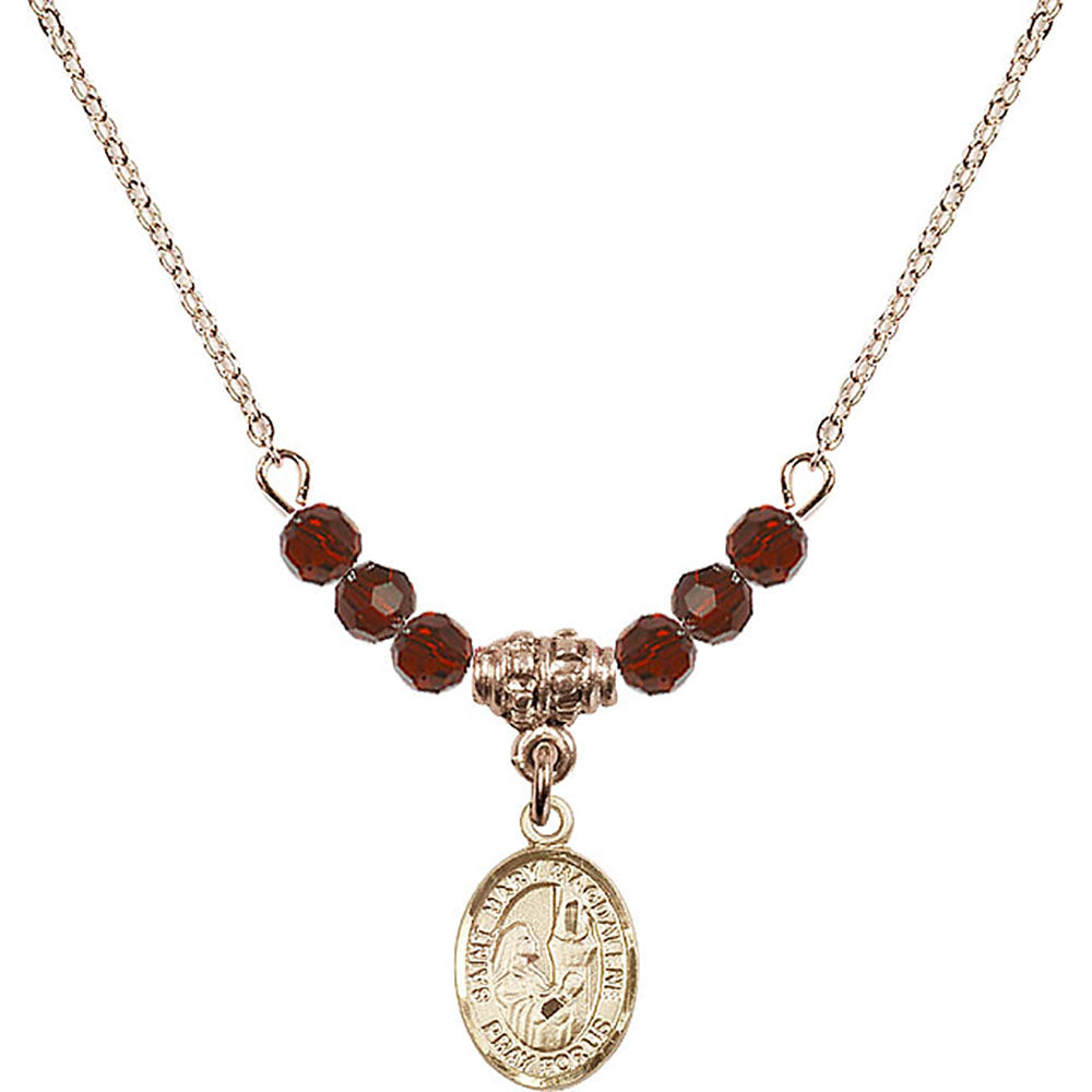 14kt Gold Filled Saint Mary Magdalene Birthstone Necklace with Garnet Beads - 9071