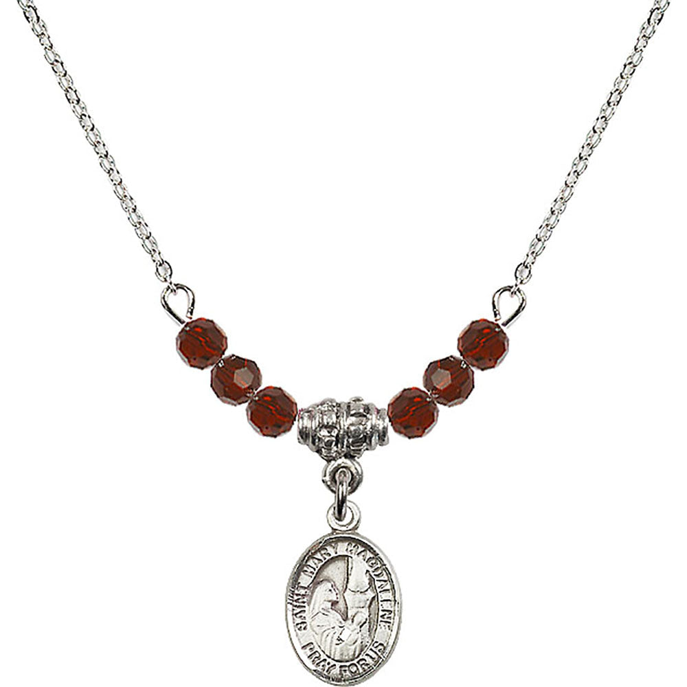 Sterling Silver Saint Mary Magdalene Birthstone Necklace with Garnet Beads - 9071