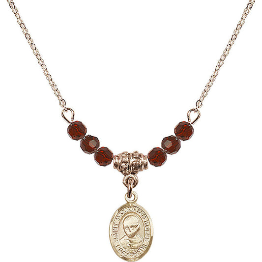 14kt Gold Filled Saint Maximilian Kolbe Birthstone Necklace with Garnet Beads - 9073