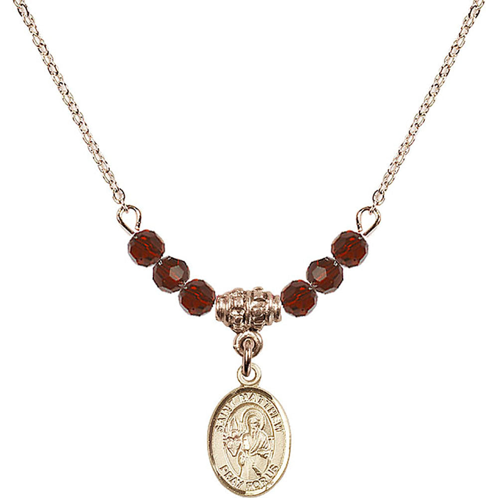 14kt Gold Filled Saint Matthew the Apostle Birthstone Necklace with Garnet Beads - 9074