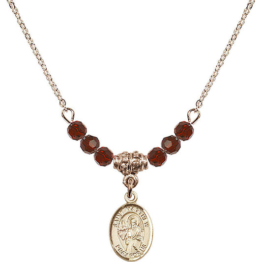 14kt Gold Filled Saint Matthew the Apostle Birthstone Necklace with Garnet Beads - 9074