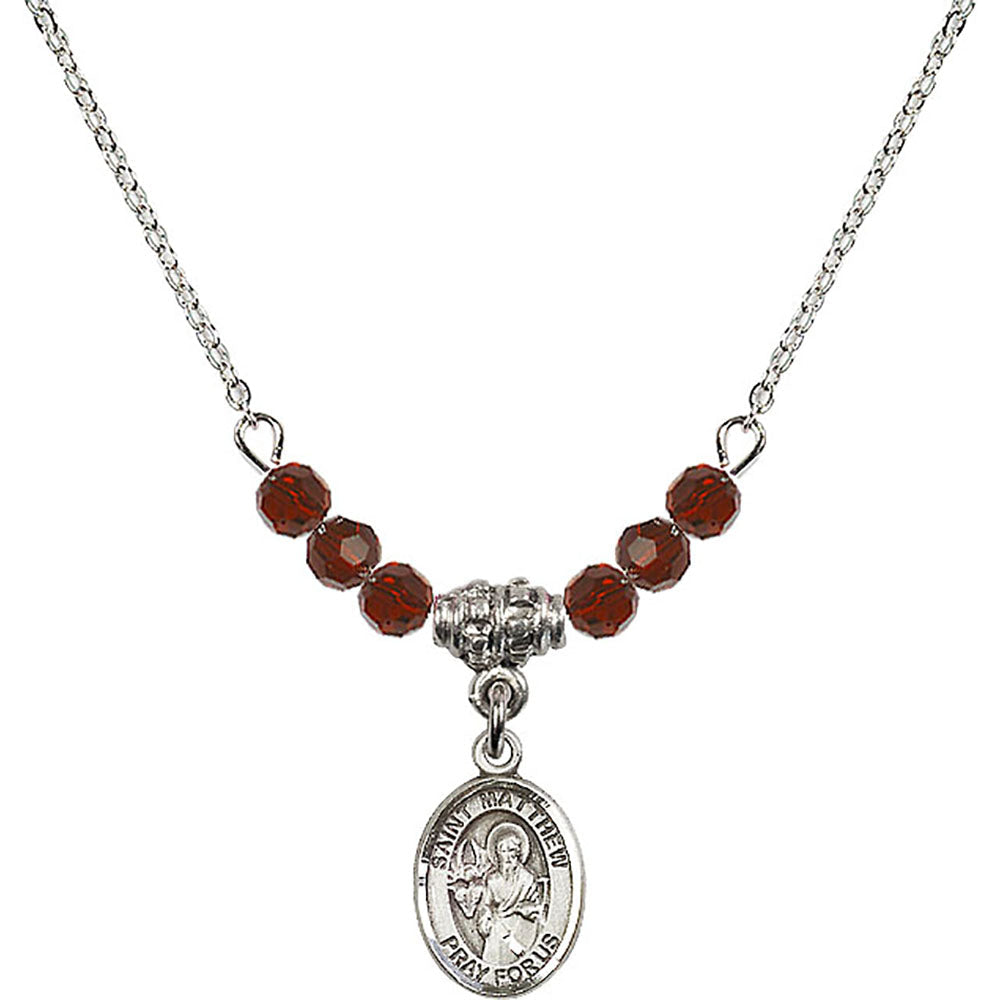 Sterling Silver Saint Matthew the Apostle Birthstone Necklace with Garnet Beads - 9074