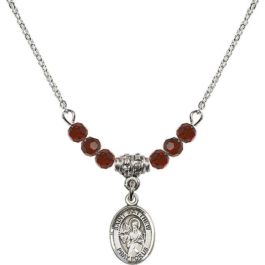 Sterling Silver Saint Matthew the Apostle Birthstone Necklace with Garnet Beads - 9074