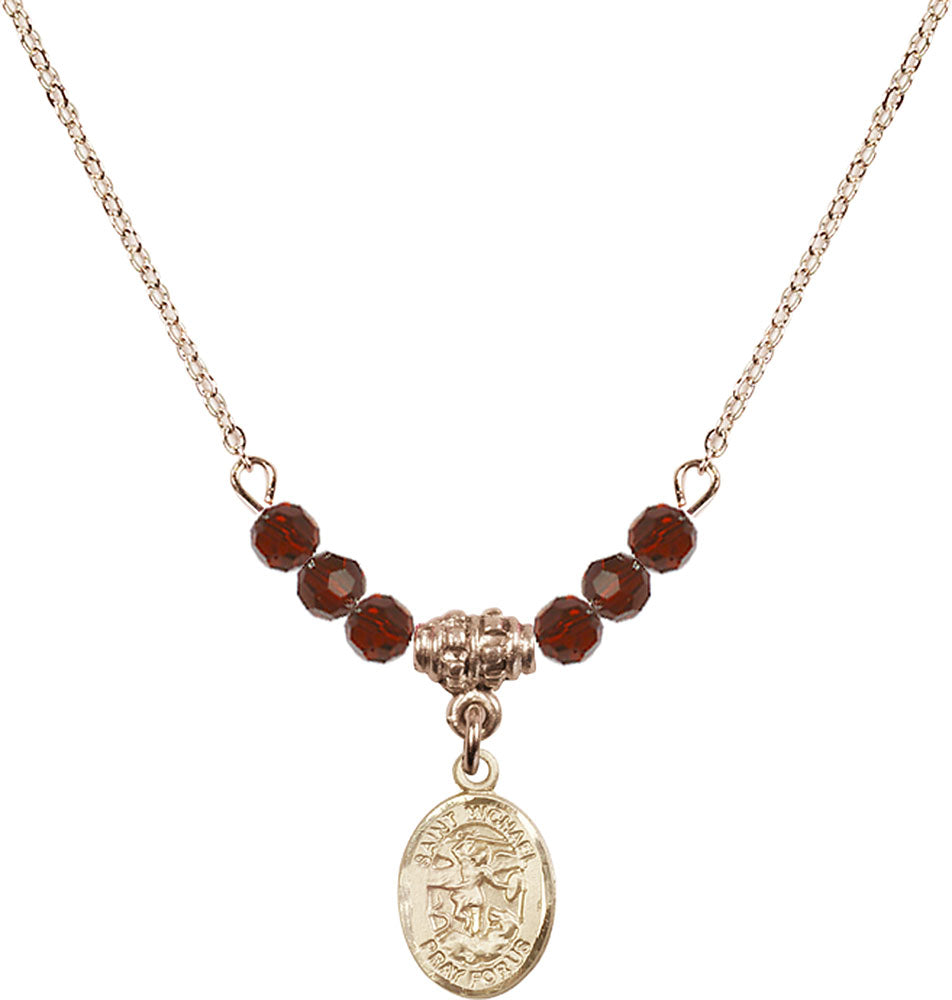 14kt Gold Filled Saint Michael the Archangel Birthstone Necklace with Garnet Beads - 9076