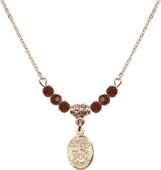 14kt Gold Filled Saint Michael the Archangel Birthstone Necklace with Garnet Beads - 9076