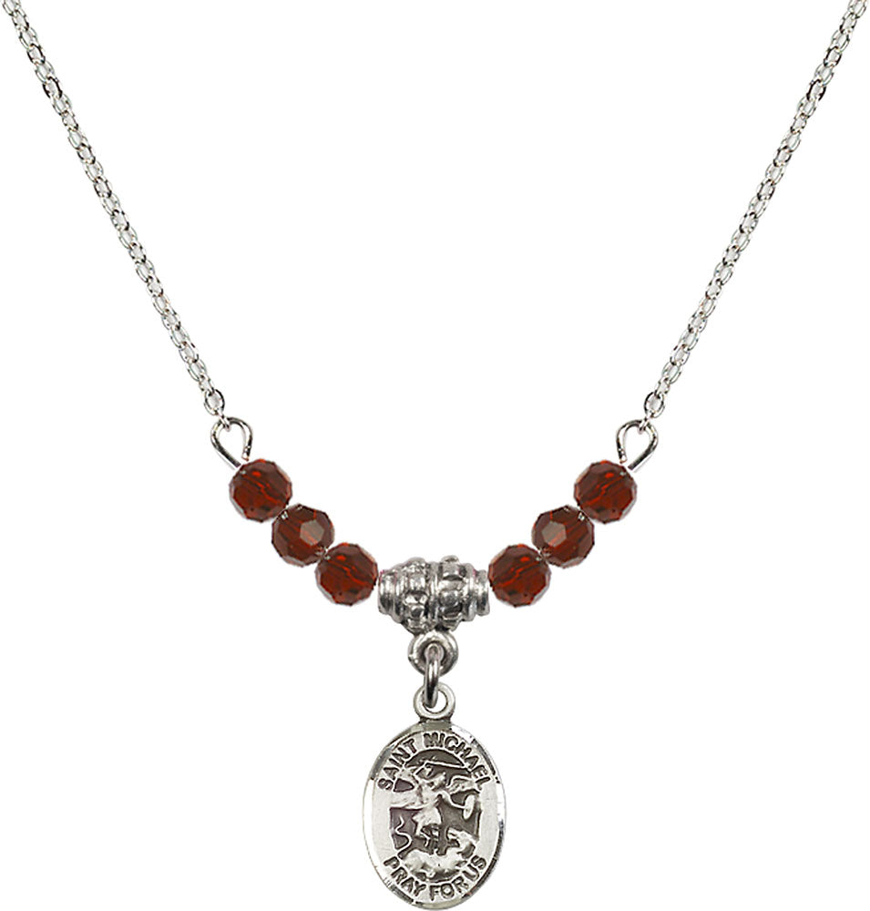 Sterling Silver Saint Michael the Archangel Birthstone Necklace with Garnet Beads - 9076