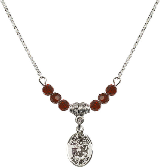 Sterling Silver Saint Michael the Archangel Birthstone Necklace with Garnet Beads - 9076