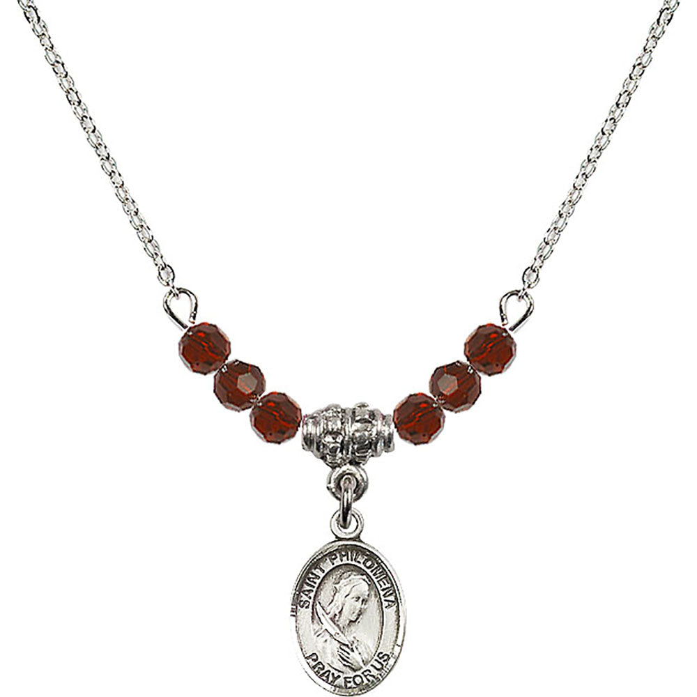 Sterling Silver Saint Philomena Birthstone Necklace with Garnet Beads - 9077