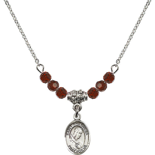 Sterling Silver Saint Philomena Birthstone Necklace with Garnet Beads - 9077