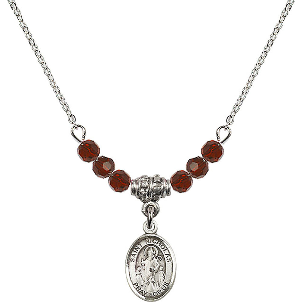 Sterling Silver Saint Nicholas Birthstone Necklace with Garnet Beads - 9080