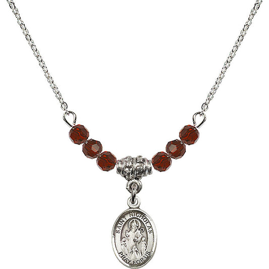 Sterling Silver Saint Nicholas Birthstone Necklace with Garnet Beads - 9080