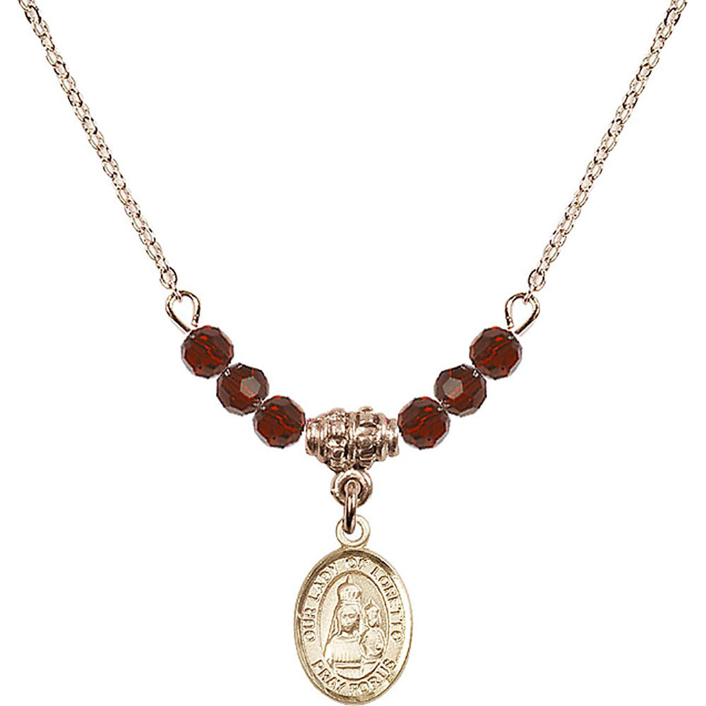 14kt Gold Filled Our Lady of Loretto Birthstone Necklace with Garnet Beads - 9082