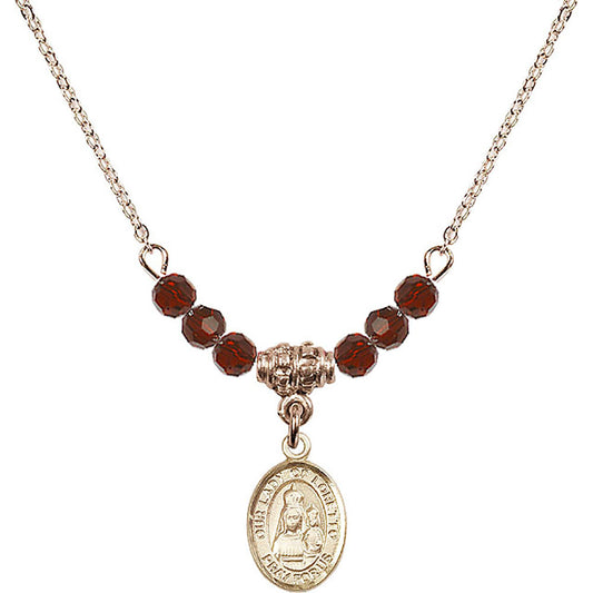 14kt Gold Filled Our Lady of Loretto Birthstone Necklace with Garnet Beads - 9082