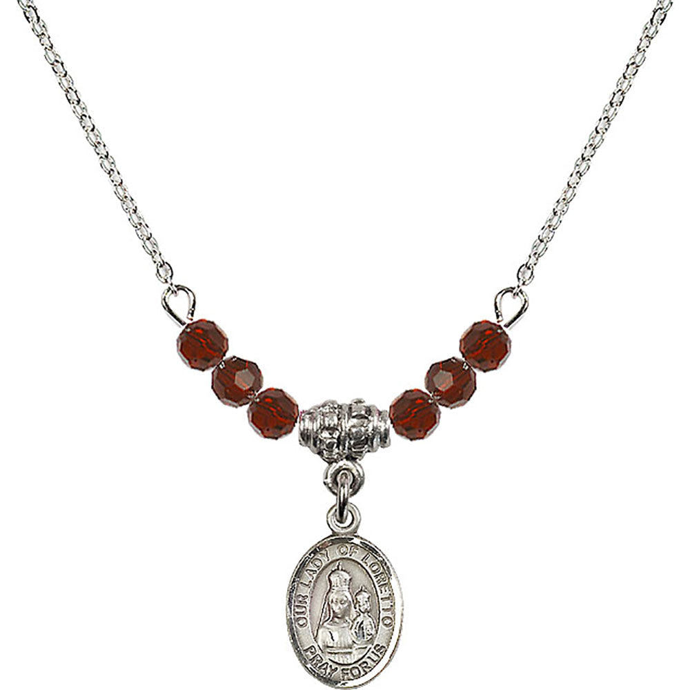 Sterling Silver Our Lady of Loretto Birthstone Necklace with Garnet Beads - 9082