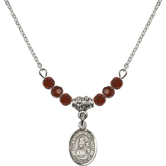 Sterling Silver Our Lady of Loretto Birthstone Necklace with Garnet Beads - 9082