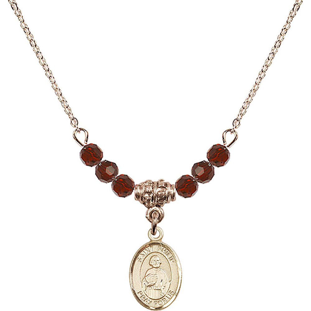14kt Gold Filled Saint Philip the Apostle Birthstone Necklace with Garnet Beads - 9083