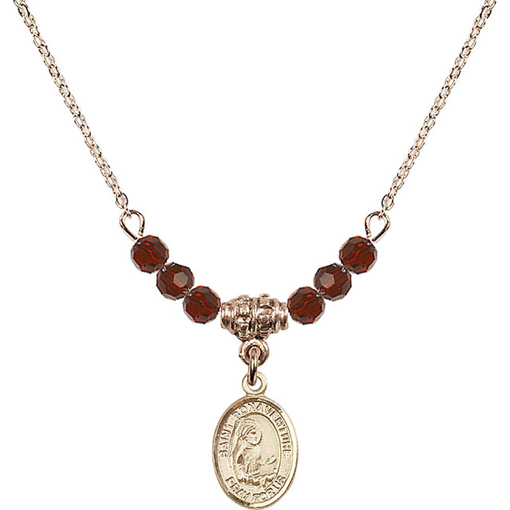 14kt Gold Filled Saint Bonaventure Birthstone Necklace with Garnet Beads - 9085