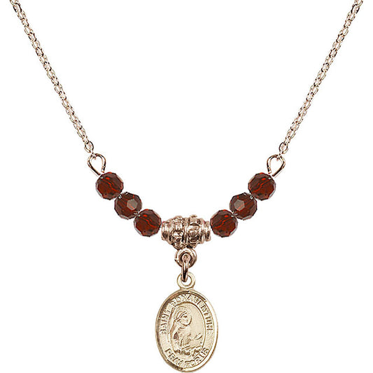 14kt Gold Filled Saint Bonaventure Birthstone Necklace with Garnet Beads - 9085