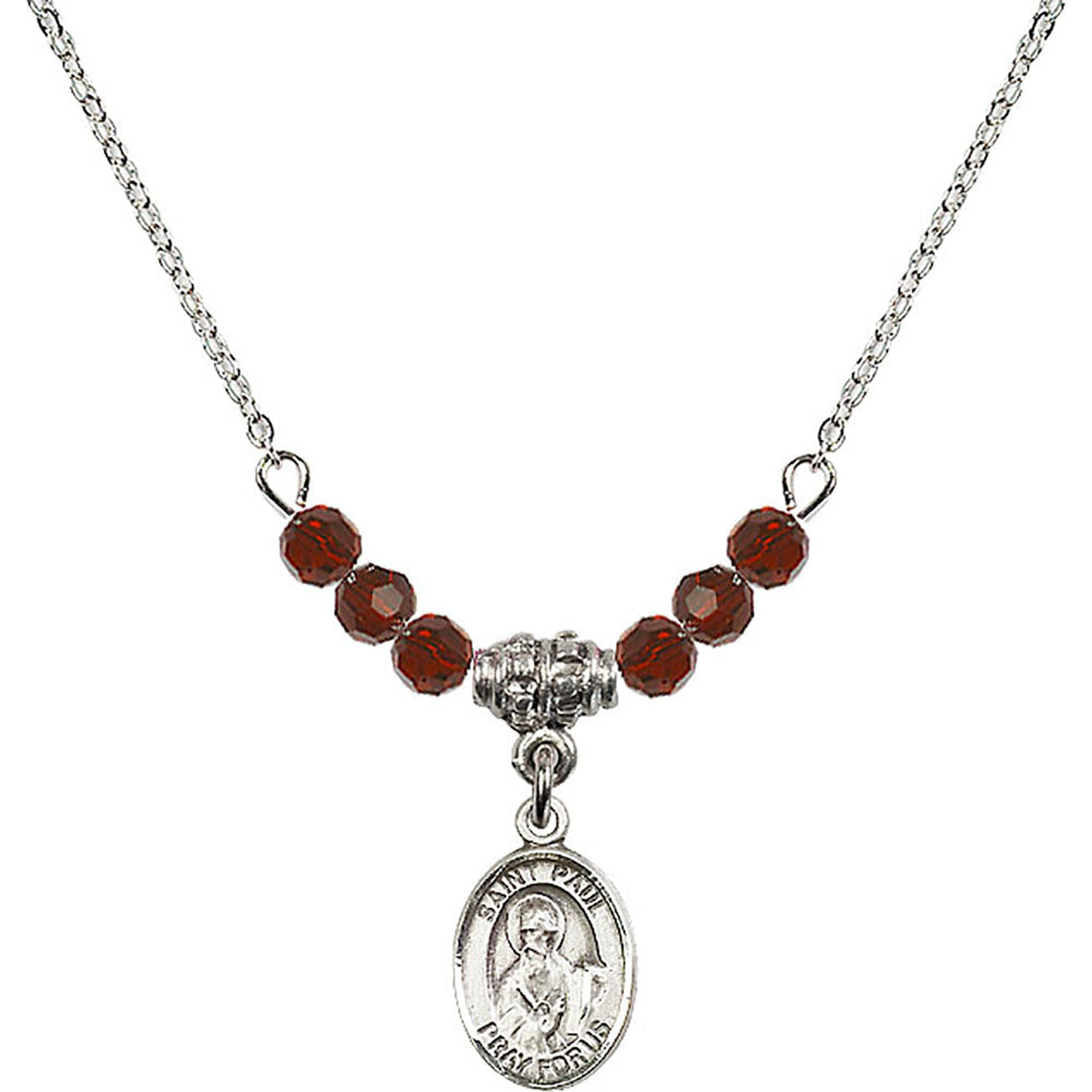 Sterling Silver Saint Paul the Apostle Birthstone Necklace with Garnet Beads - 9086