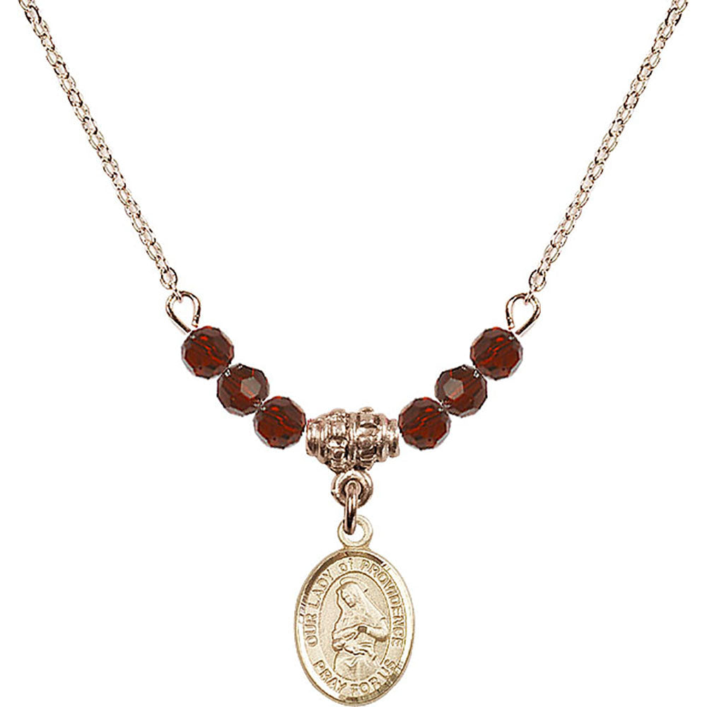 14kt Gold Filled Our Lady of Providence Birthstone Necklace with Garnet Beads - 9087