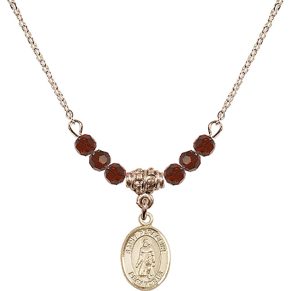 14kt Gold Filled Saint Peregrine Laziosi Birthstone Necklace with Garnet Beads - 9088