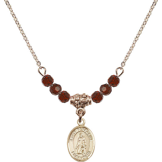 14kt Gold Filled Saint Peregrine Laziosi Birthstone Necklace with Garnet Beads - 9088