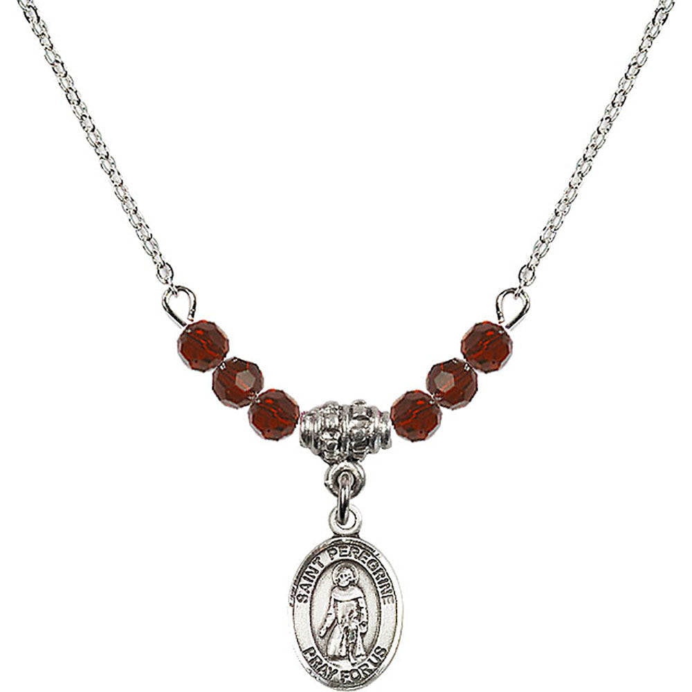 Sterling Silver Saint Peregrine Laziosi Birthstone Necklace with Garnet Beads - 9088