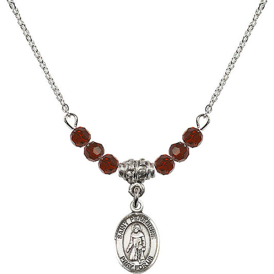 Sterling Silver Saint Peregrine Laziosi Birthstone Necklace with Garnet Beads - 9088