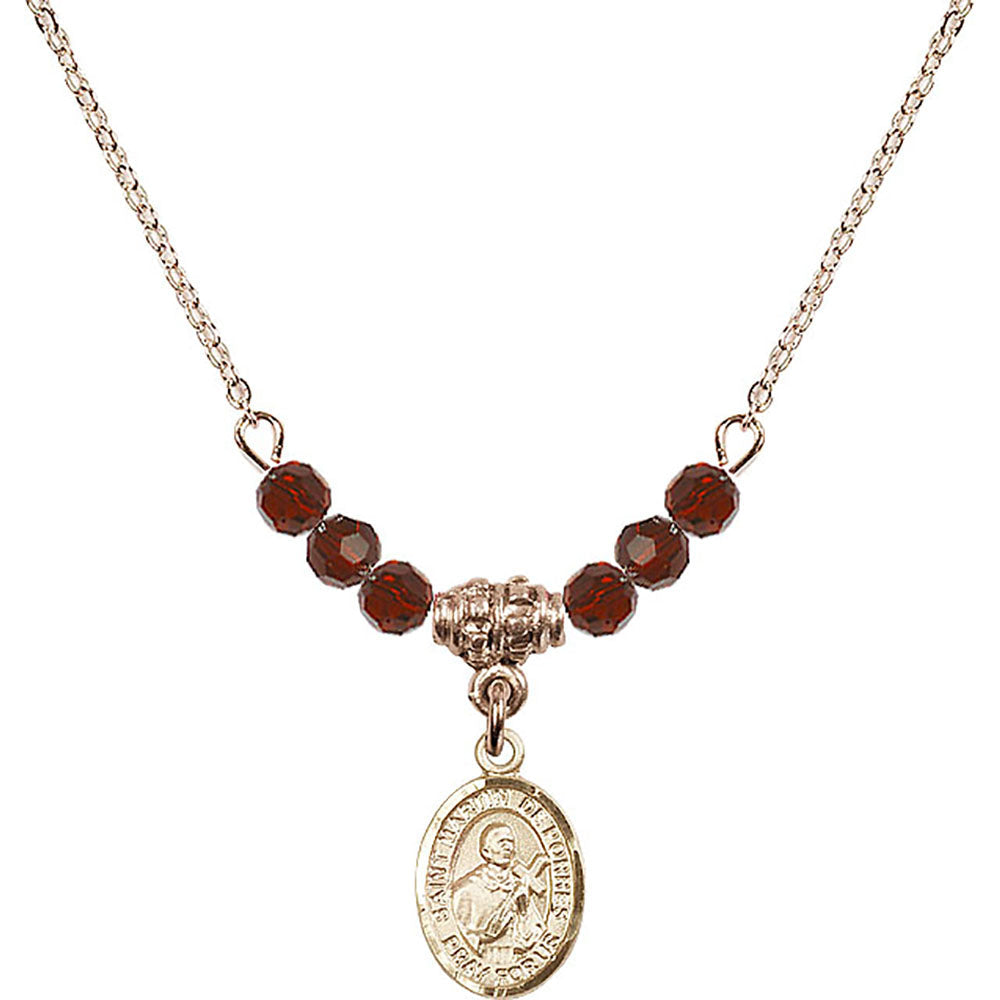 14kt Gold Filled Saint Martin de Porres Birthstone Necklace with Garnet Beads - 9089